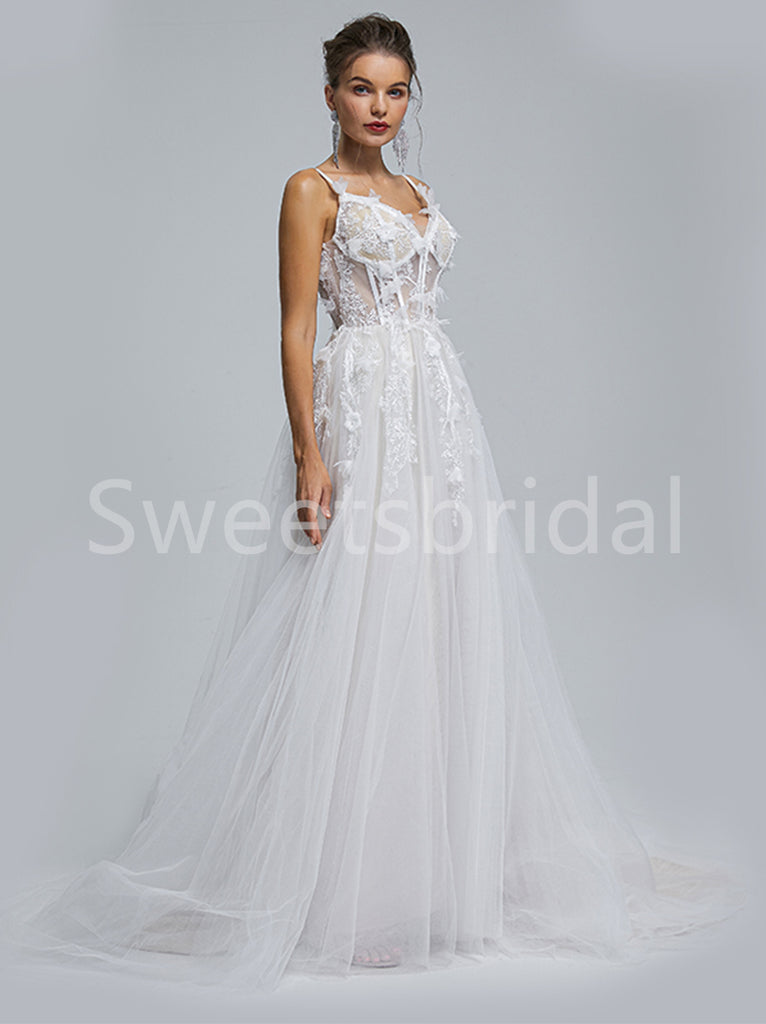 Elegant Spaghetti straps V-neck A-line Lace applique Wedding Dresses, DB0262