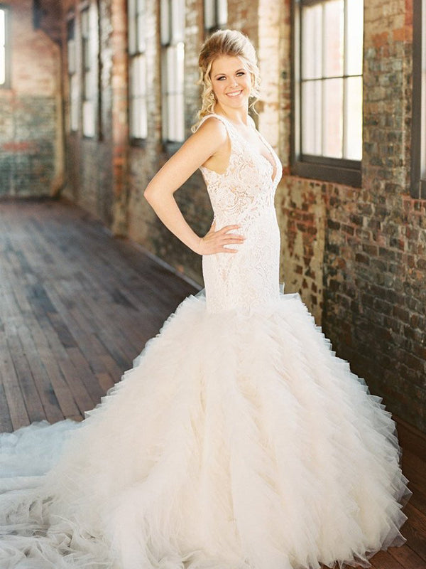 Sleeveless Lace Open Back Organza Ivory Ruffles Mermaid Wedding Dresses , WD0087