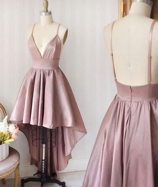 Simple Spaghetti Strap V Neck High Low Short Homecoming Dress, BTW131