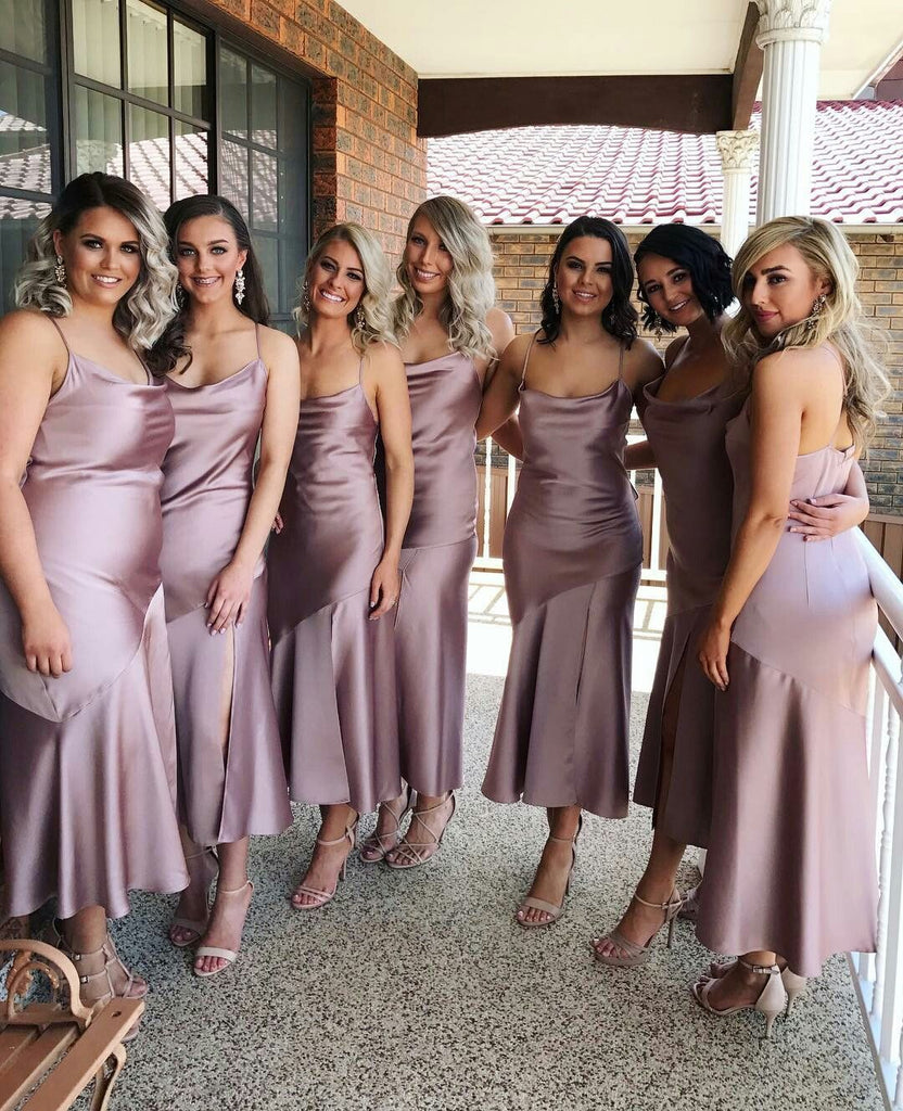 Simple Spaghetti Strap Side Slit Mermaid Long Bridesmaid Dresses, SW1082