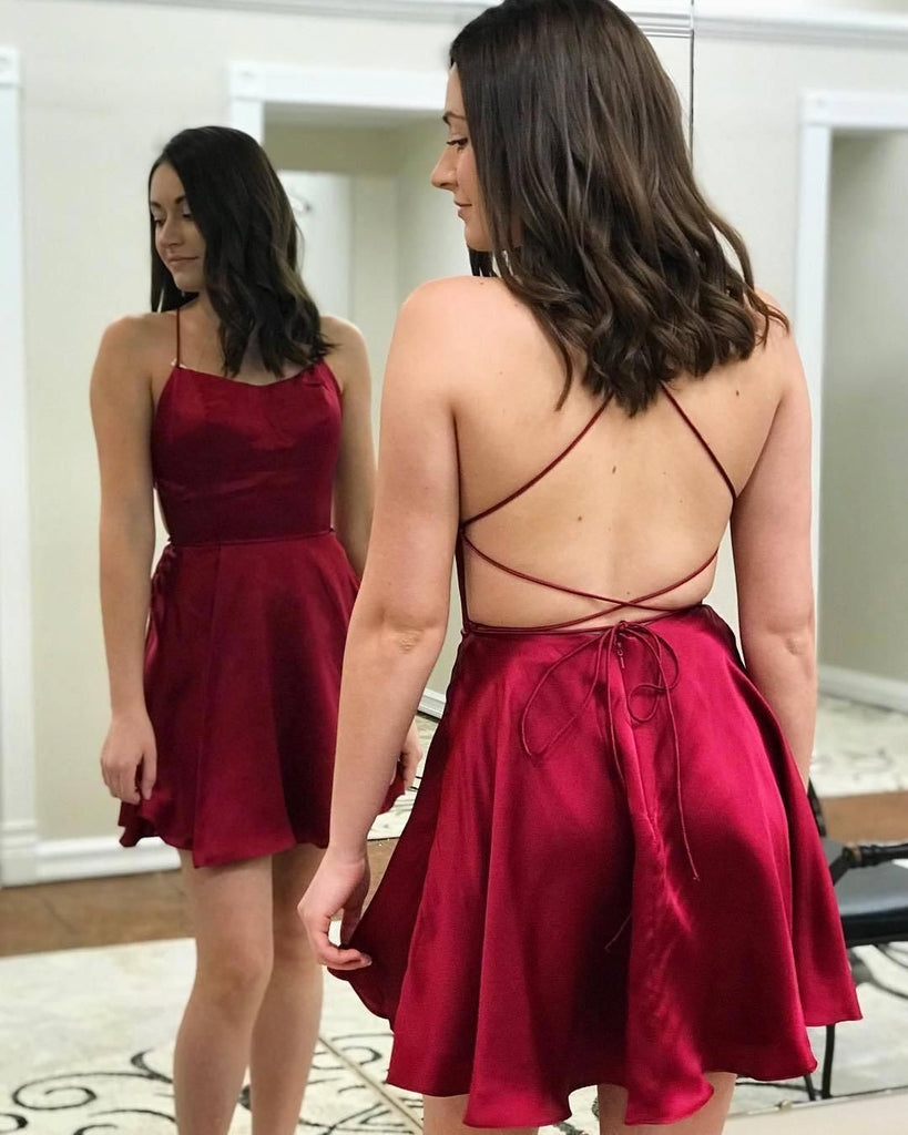 Simple Spaghetti Strap Sleeveless A Line Lace Up Short Homecoming Dress, BTW142
