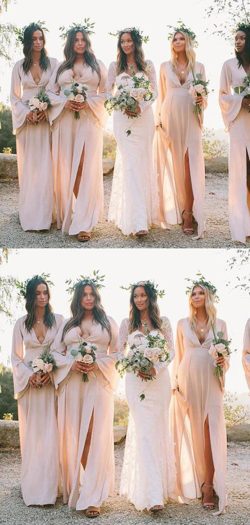Elegant Long Sleeves Deep V Neck Side Slit Chiffon Long Bridesmaid Dresses, SW1088