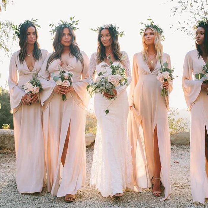 Elegant Long Sleeves Deep V Neck Side Slit Chiffon Long Bridesmaid Dresses, SW1088