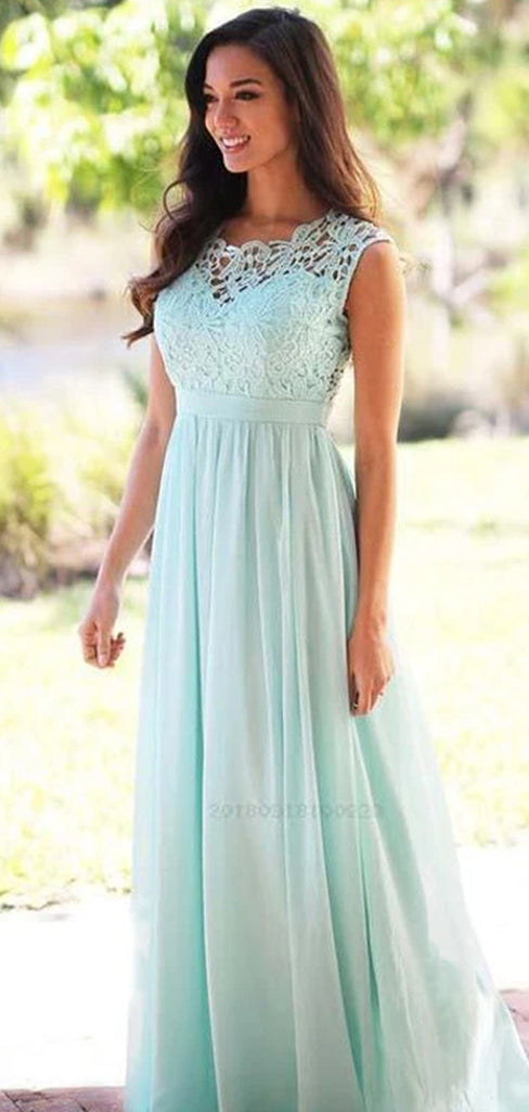 Pretty Lace Top A Line Sleeveless Floor Length Chiffon Long Bridesmaid Dresses, SW1014