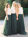 2 Pieces White Lace Teal Green Tulle Long Wedding Bridesmaid Dresses, SW1002