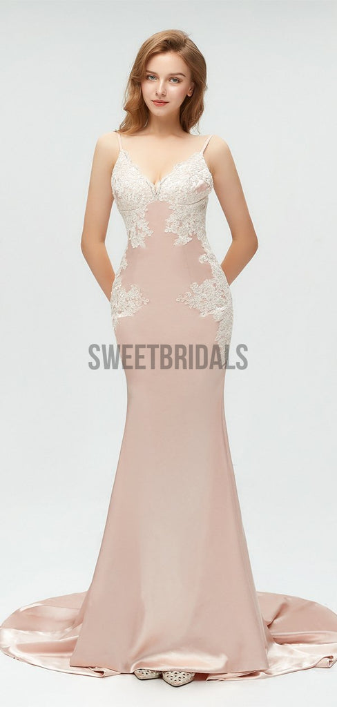 Simple V Neck Lace Applique Backless Mermaid Long Prom Dresses, MD602