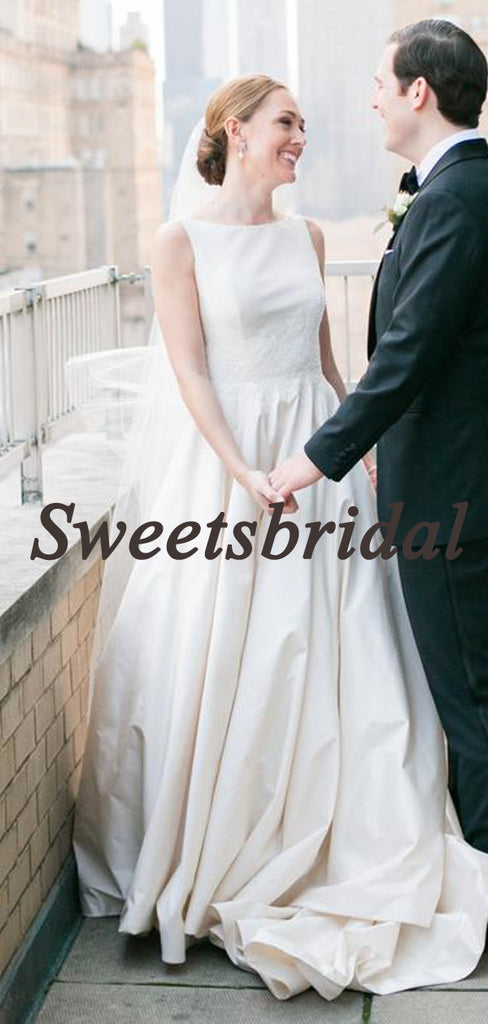 Pretty Round Neck A-line Lace Satin Sleeveless Long Wedding Dresses Evening Dresses, WD1131