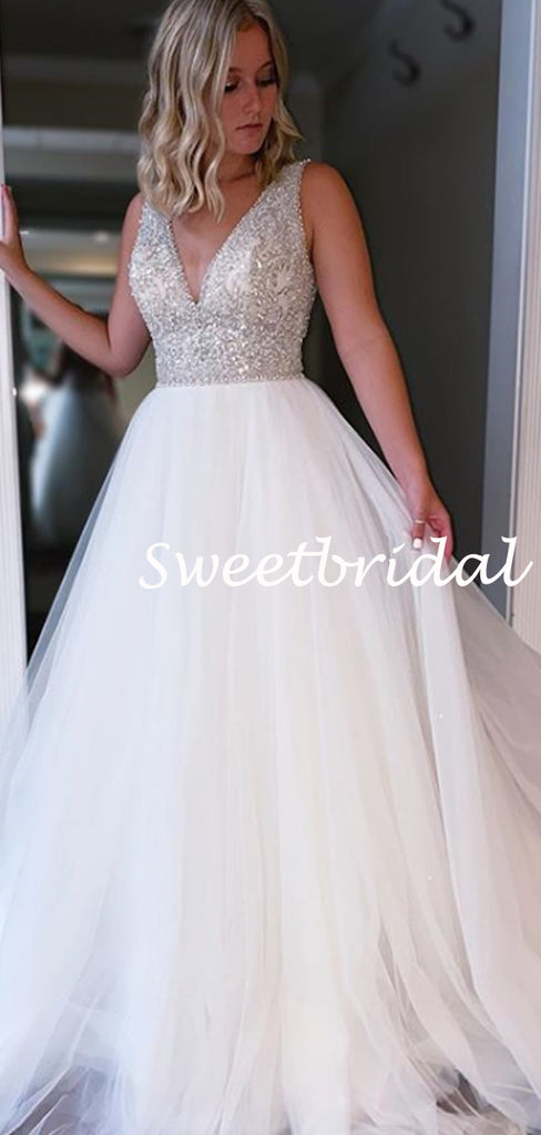 Simple V-neck A-line Tulle Evening Party Prom Dresses,SW1137