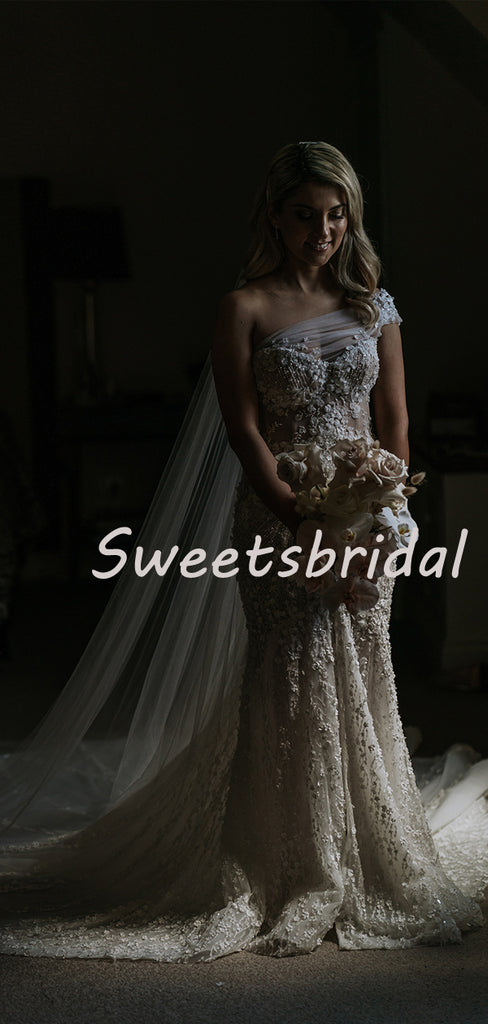 Pretty One-shoulder Lace Mermaid With Train Appliques Long Wedding Dresses Evening Dresses, WD1123