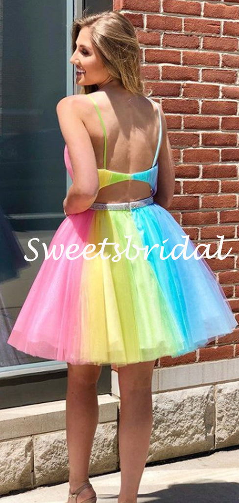 Simple V-neck Tulle Mini Short Homecoming Dresses, BTW298