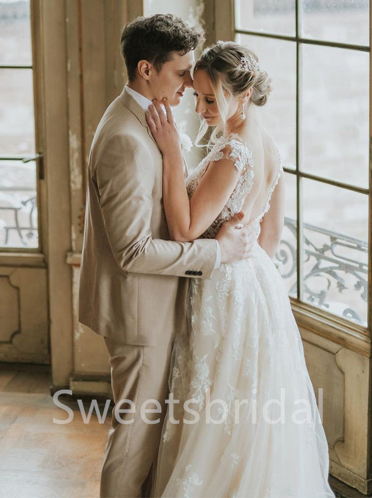 Sexy V-neck Cap-sleeves A-line Lace applique Wedding Dresses,DB0313