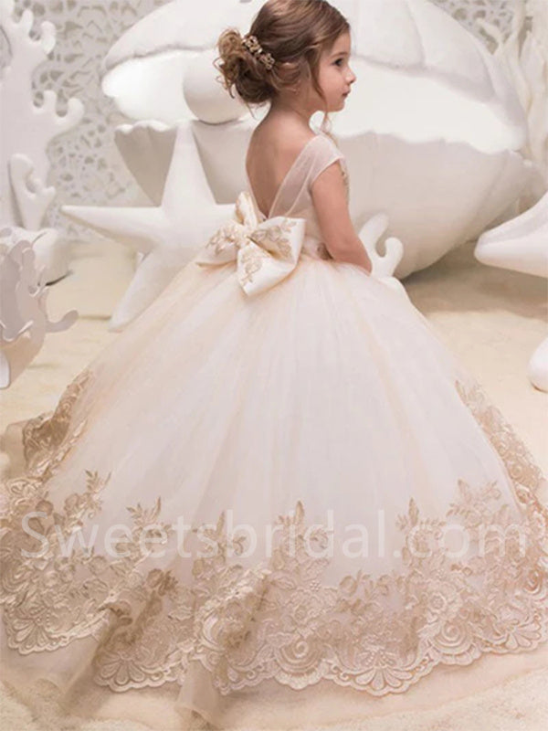 Beautiful Sleeveless Lace Applique Tulle A Line FlowerGirl Dresses, FGS0035