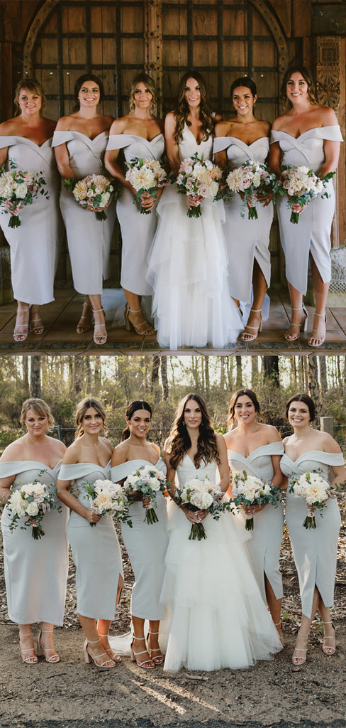 Sexy Off-shoulder Slit Wedding Short Bridesmaid Dresses,SWE1193
