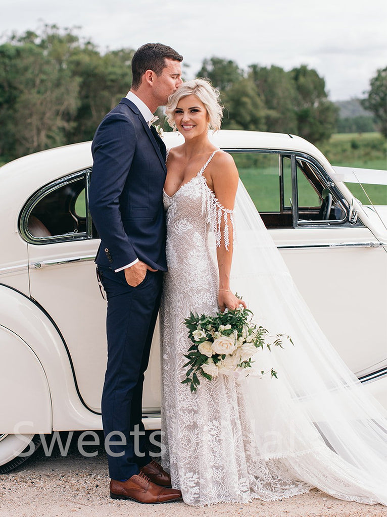 Simple V-neck Spaghetti straps Off-shoulder A-line Wedding Dresses,  DB0225