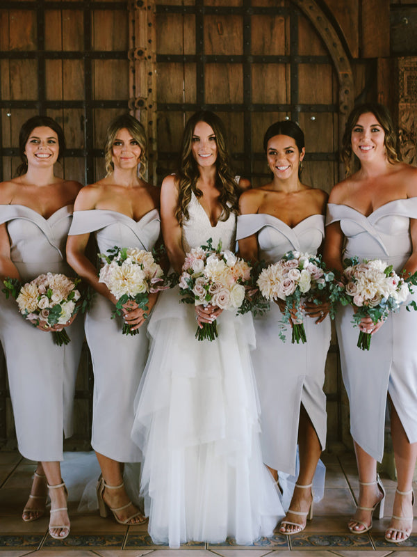 Sexy Off-shoulder Slit Wedding Short Bridesmaid Dresses,SWE1193