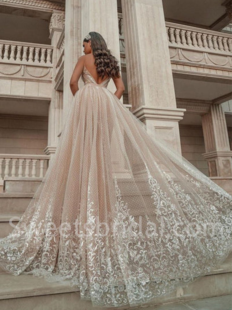 Elegant V-neck  Sleeveless A-line tulle Wedding Dresses,DB0275