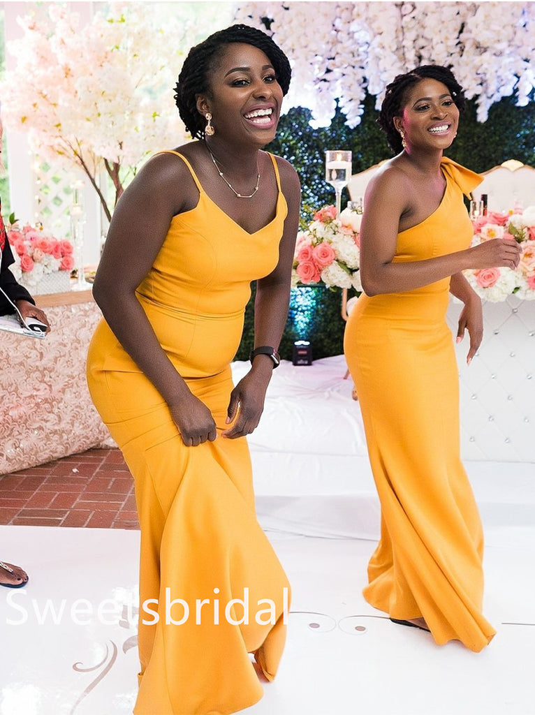 Mismatched off-shoulder V-neck Mermaid Floor-length Elegant Simple Long Bridesmaid Dresses ,SWE1344