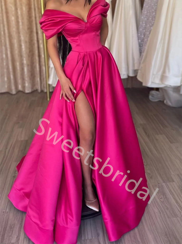 Sexy V-neck Off shoulder Side slit A-line Prom Dresses,SW1727