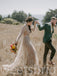 Simple V-neck Lone sleeves  A-line Open back Wedding Dresses,DB0216