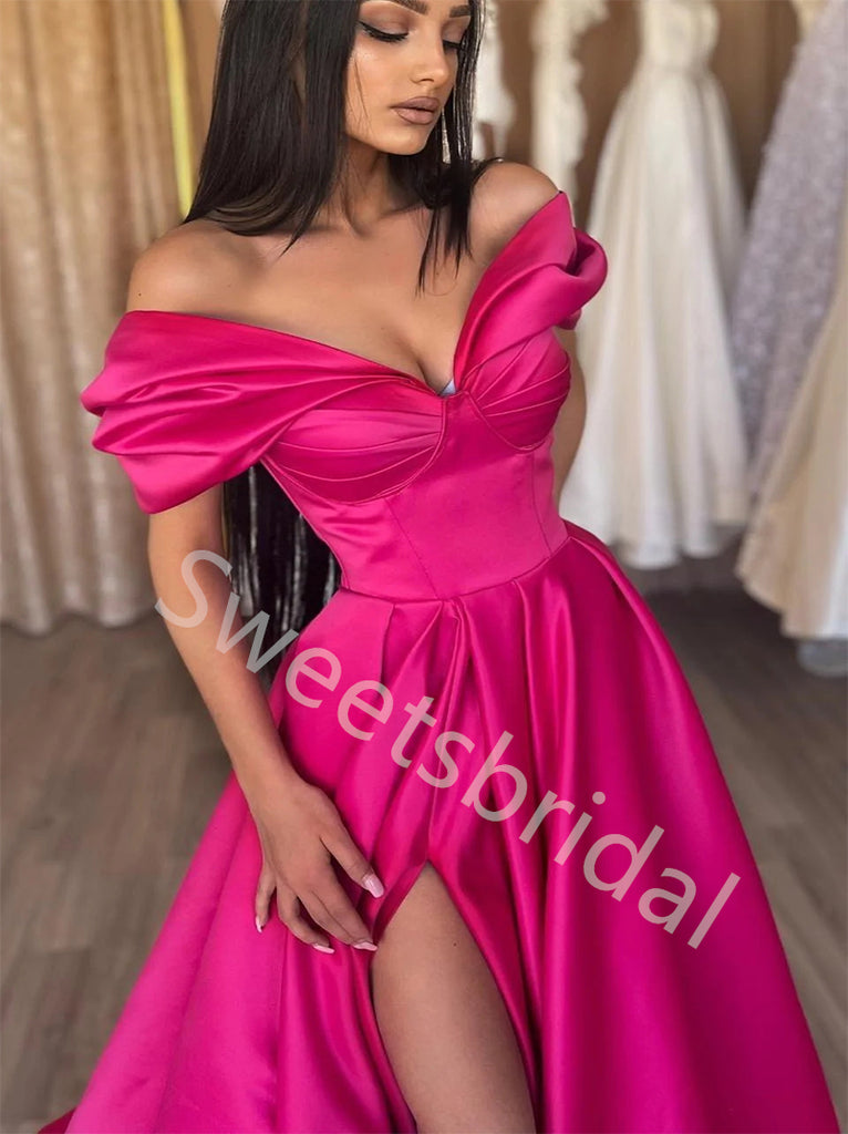 Sexy V-neck Off shoulder Side slit A-line Prom Dresses,SW1727