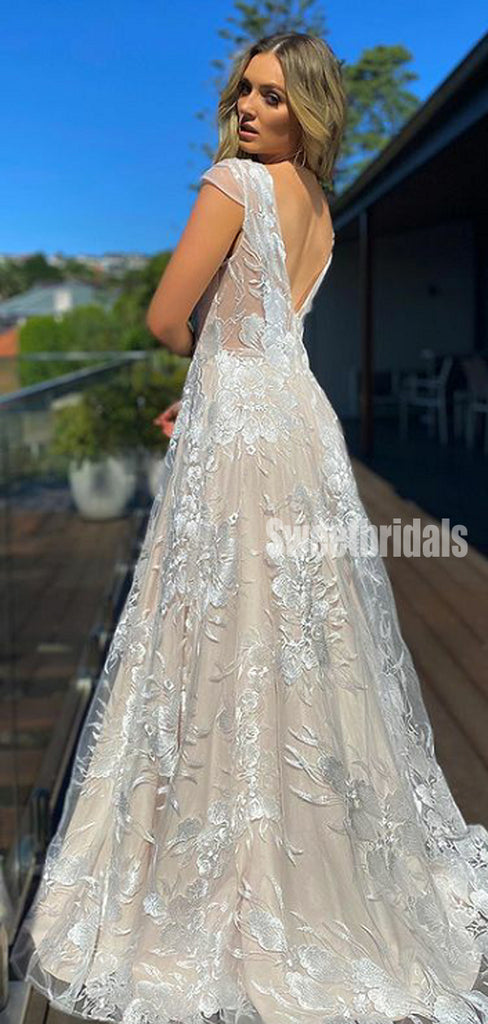 Newest V-neck Spaghetti Strap Lace A-line Long Prom Dresses.SWM1241