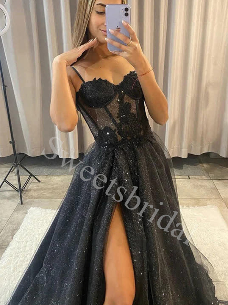 Elegant Sweetheart Spaghetti straps Side slit A-line Prom Dresses,SWW1752