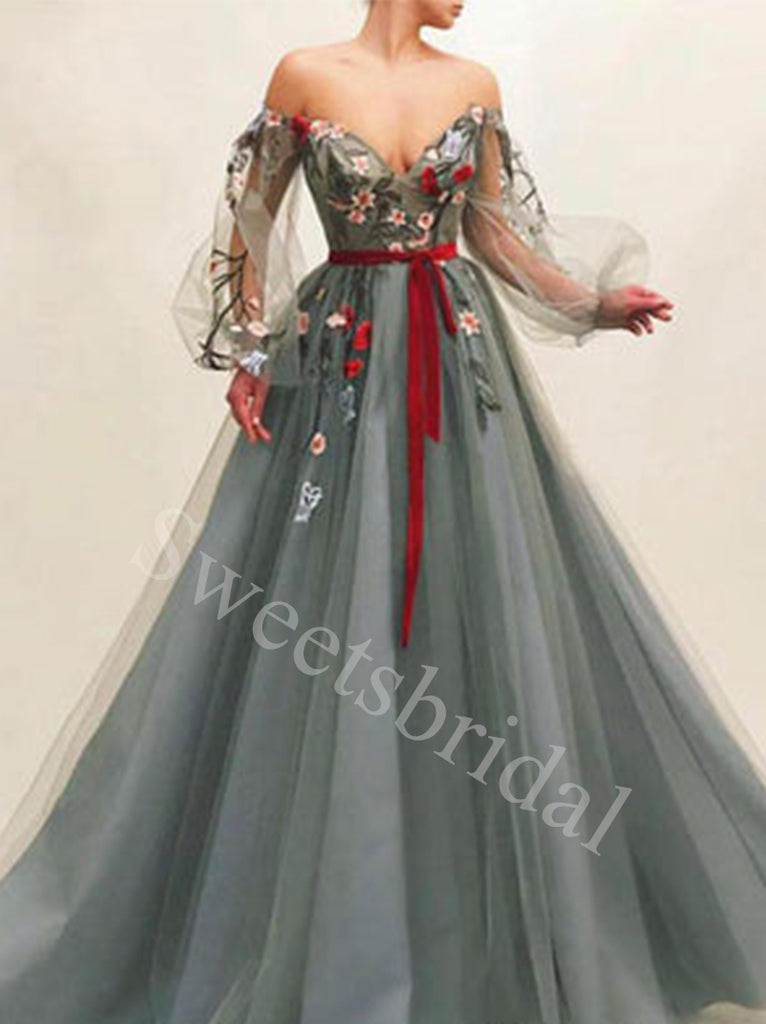 Elegant V-neck Long sleeves A-line Prom Dresses,SW1844
