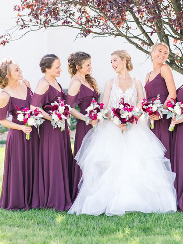 Cheap Spaghetti Strap A Line Mismatched Chiffon Long Bridesmaid Dresses, SW1009