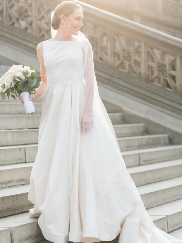 Pretty Round Neck A-line Lace Satin Sleeveless Long Wedding Dresses Evening Dresses, WD1131