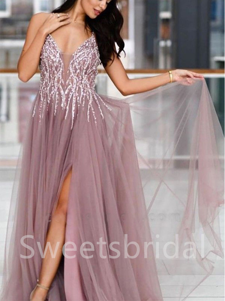 Sexy Deep V-neck Side slit A-line Prom Dresses, SW1544