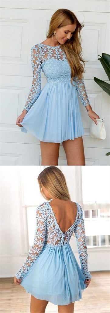 Pretty Scoop Long Sleeves Open Back Chiffon Short Homecoming Dress, BTW160