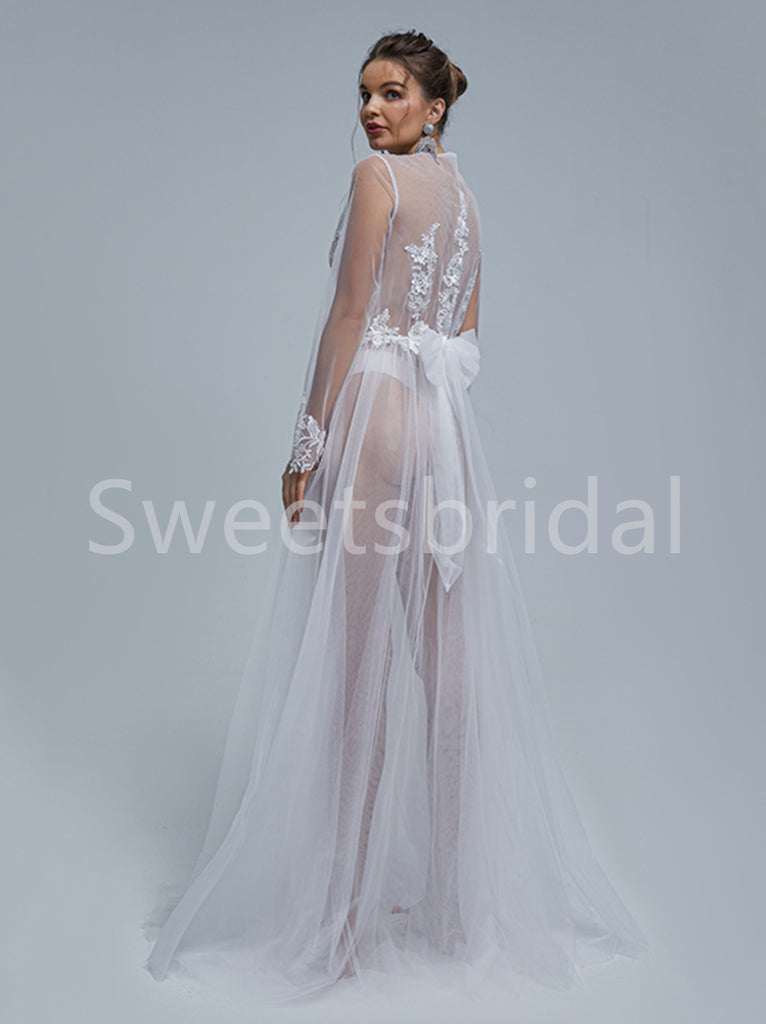 Sexy V-neck Long sleeves A-line Lace applique Wedding Dresses, DB0265