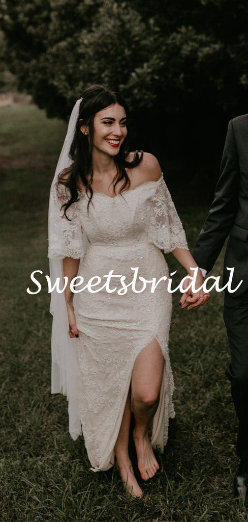 Vintage Mermaid Lace Sequin Side Slit 1/2 Sleeves Long Wedding Dresses Evening Dresses,WD1145