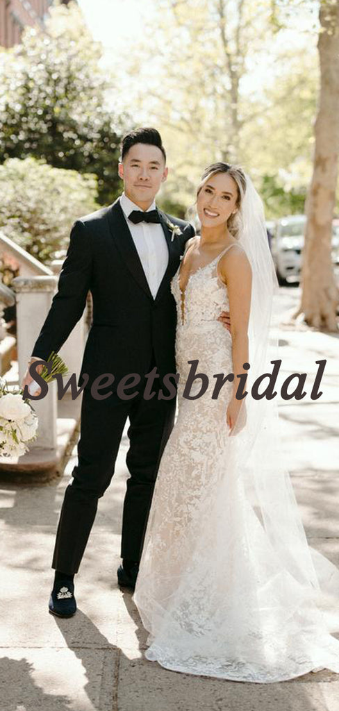 Pretty V-neck Mermaid Lace Tulle Spaghetti Strap Sleeveless Long Wedding Dresses Evening Dresses, WD1132