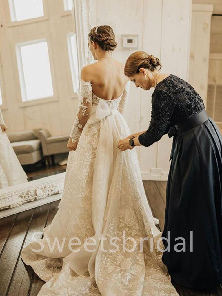 Elegant Off shoulder Long sleeves A-line Lace applique Wedding Dresses,DB0301