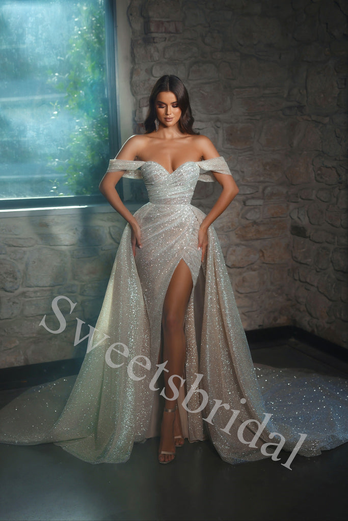 Elegant V-neck Off shoulder Side slit Sheath Long Prom Dress,SW1954