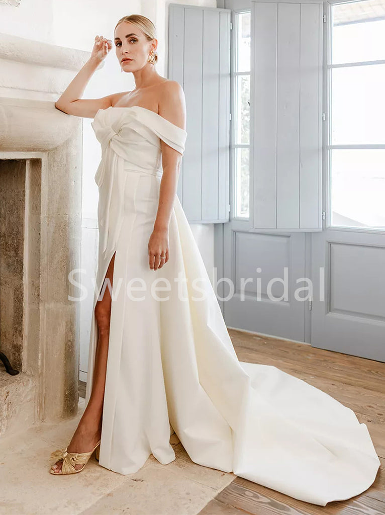 Elegant Off shoulder Side slit Lace applique Wedding Dresses, DB0260