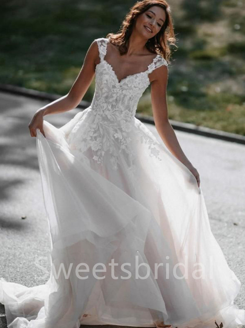 Elegant Sweetheart Cap-sleeves A-line Lace applique Wedding Dresses,DB0319