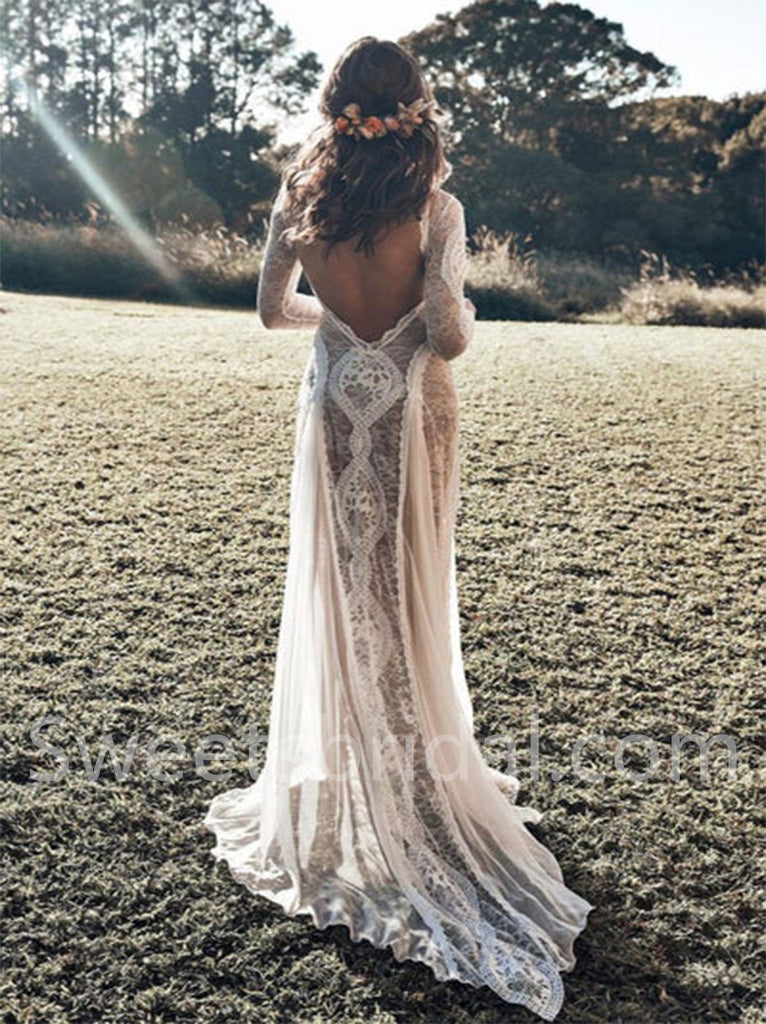 Elegant Long sleeves Open back Sheath lace applique Wedding Dresses,DB0281