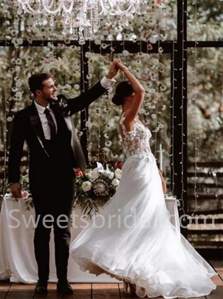 Elegant V-neck Off shoulder  A-line lace applique Wedding Dresses,DB0277