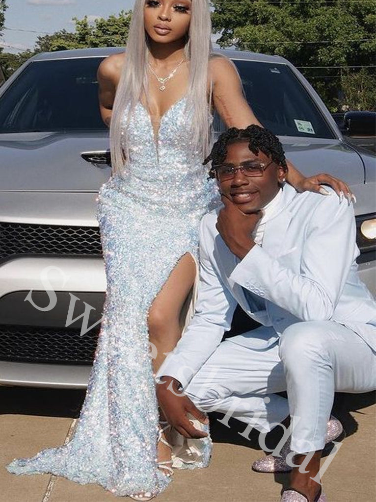 Sexy V-neck Sleeveless Side slit Sheath Long Prom Dress,SW1978