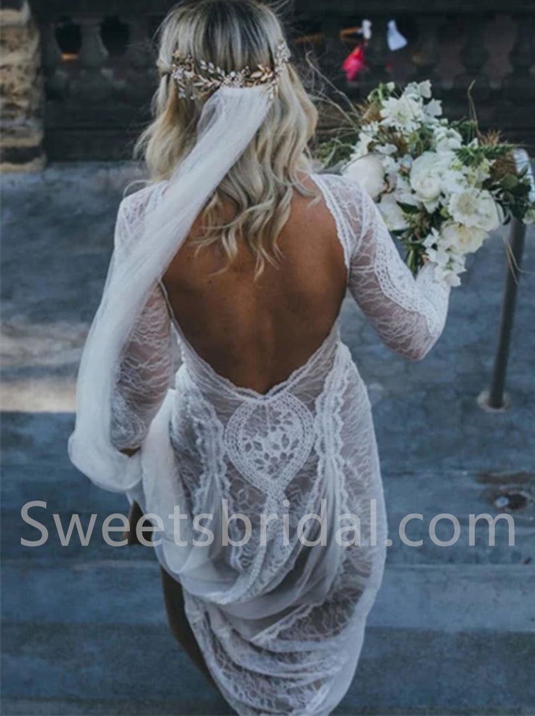 Elegant Long sleeves Open back Sheath lace applique Wedding Dresses,DB0281
