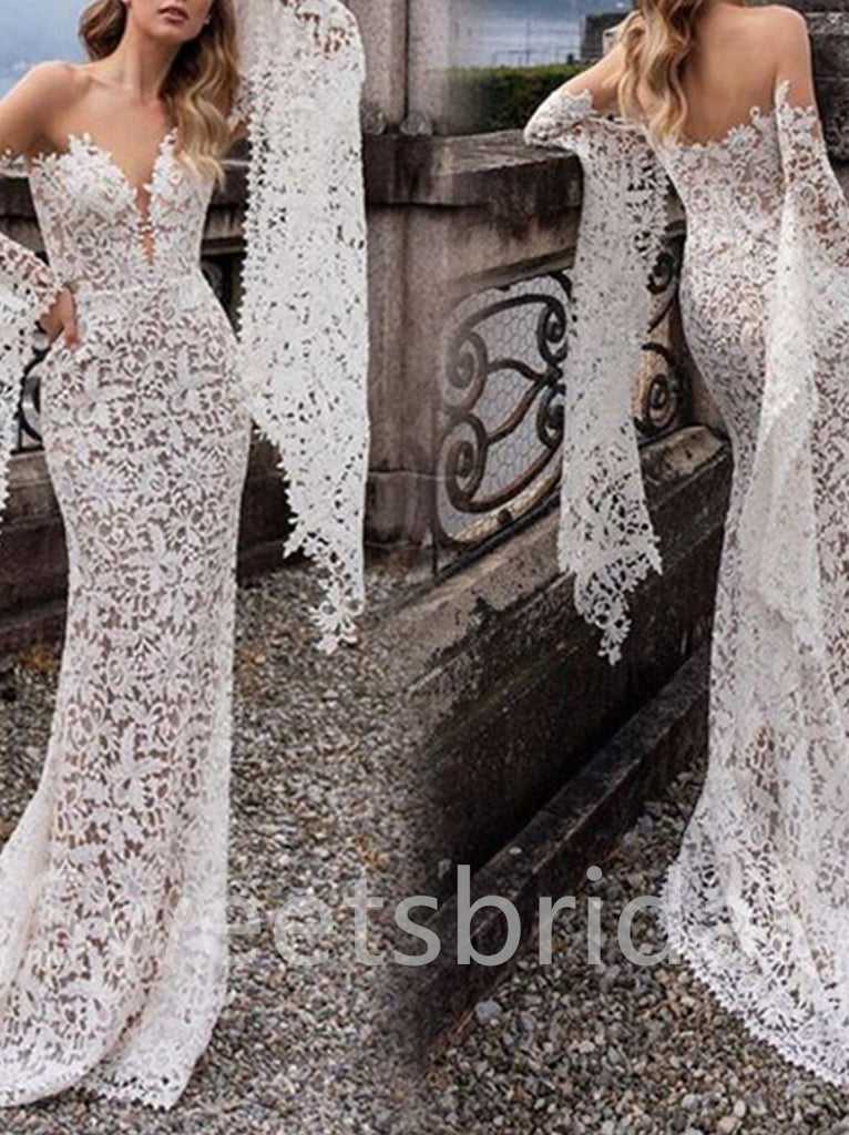 Sexy Sweetheart Long sleeves Mermaid Lace applique Wedding Dresses,DB0273