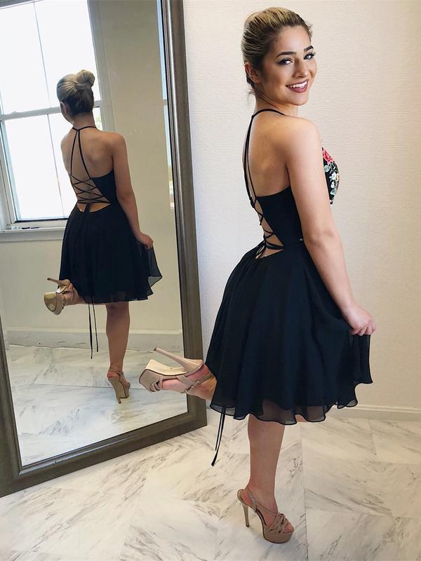 Elegant Deep V Neck Lace Up Chiffon A Line Short Homecoming Dresses, BTW161