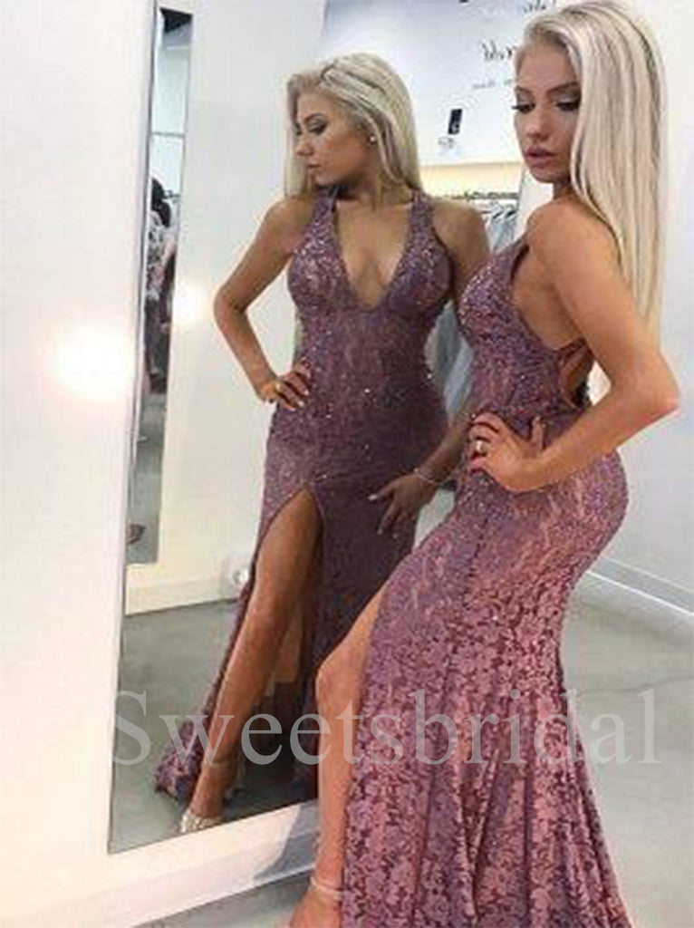 Sexy Halter Side slit V-neck Sleeveless Mermaid Prom Dresses,SW1558