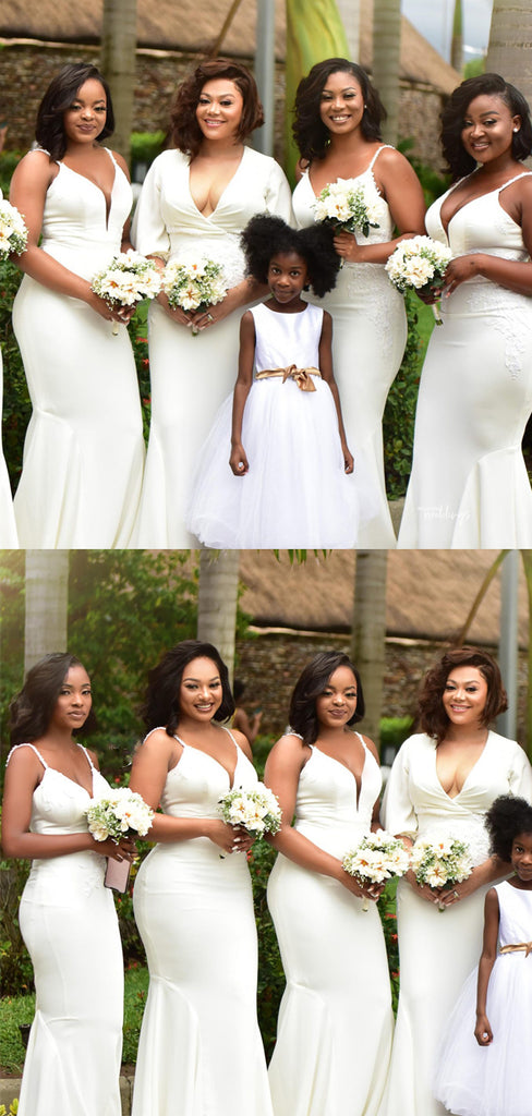 Mismatched V-neck White Cheap Mermaid Long Bridesmaid Dresses,SW1050