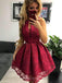 Sexy Halter Sleeveless Satin A Line Lace Applique Short Homecoming Dress, BTW182
