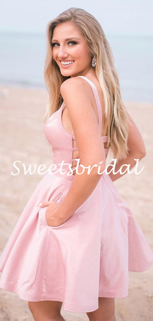 Simple Spaghetti Strap Satin Mini Short Homecoming Dresses, BTW300