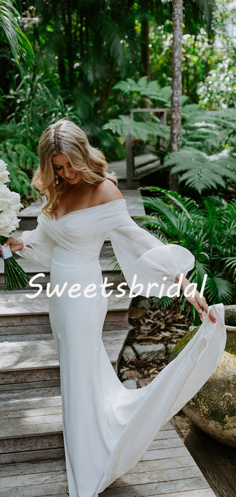 Pretty Off-shoulder Tulle Slit Mermaid Long Wedding Dresses Evening Dresses, WD1125