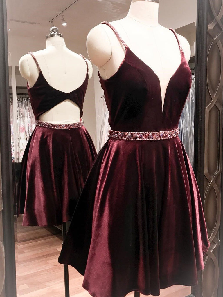 Simple Spaghetti Strap V Neck Open Back A Line Short Homecoming Dress, BTW194
